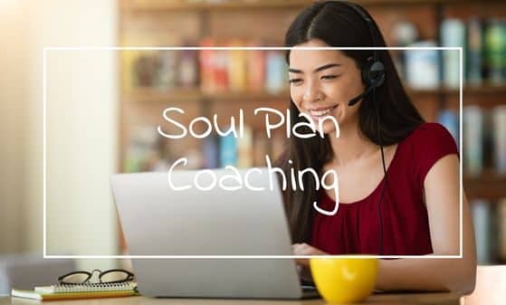 Frau vor Laptop mit Headset mit dem Titel Soul Plan Coaching